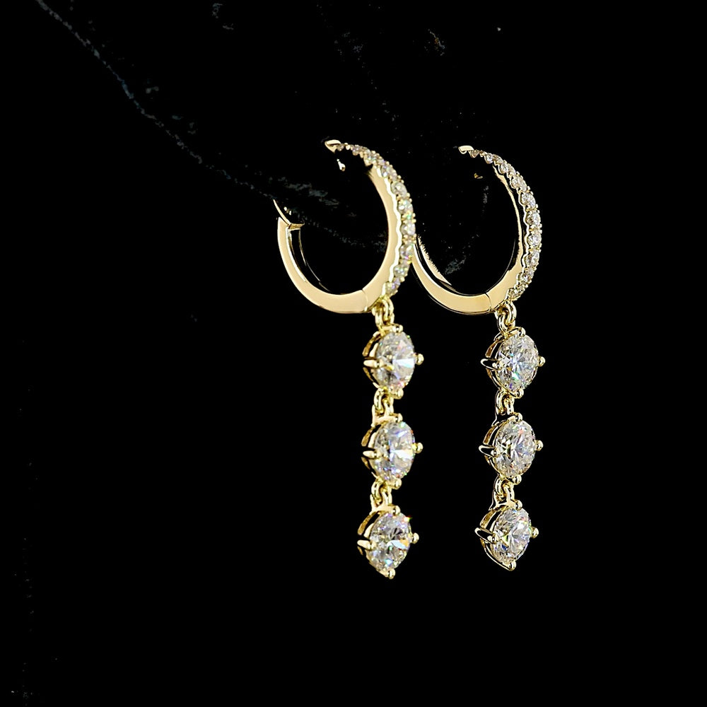 14K Yellow Gold Three-Tier Drop Earrings with 2.02 Carat Total Weight Round Brilliant Cut Lab Diamonds - E-F Color VS1 Clarity - Covaloro Fine Jewelry