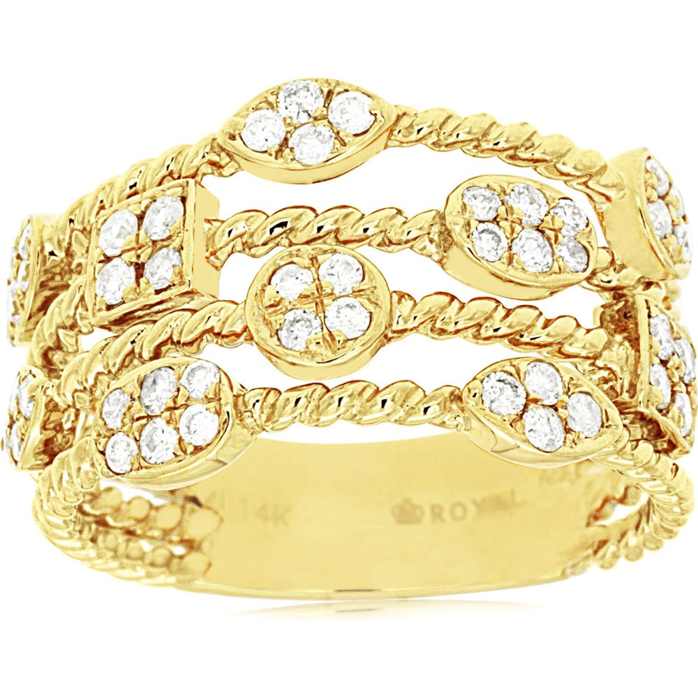 14K Yellow Gold Three-Tiered Geometric Ring with Round Diamond Clusters - 0.52 Carat Total Diamond Weight - Royal Jewelry