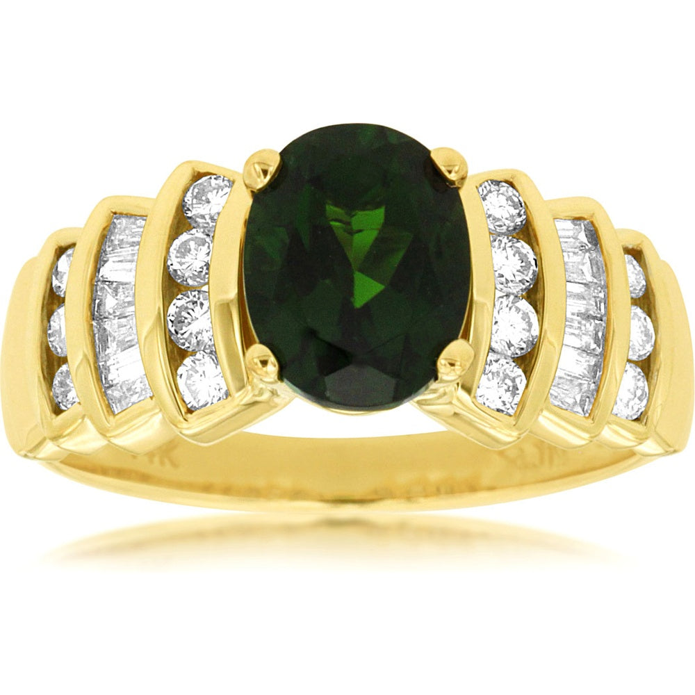 14K Yellow Gold Tiered Shoulder Ring with Oval Russalite and Round and Baguette Diamond Accents - 2.00 Carat Russalite and 0.70 Carat Total Diamond Weight - Royal Jewelry