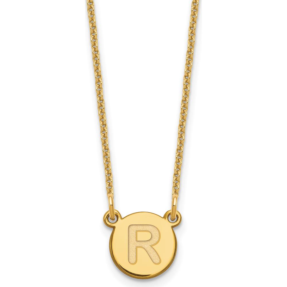 14K Yellow Gold Tiny Circle Block Letter "R" Initial Necklace - 18" Cable Chain by Oro Pregiato