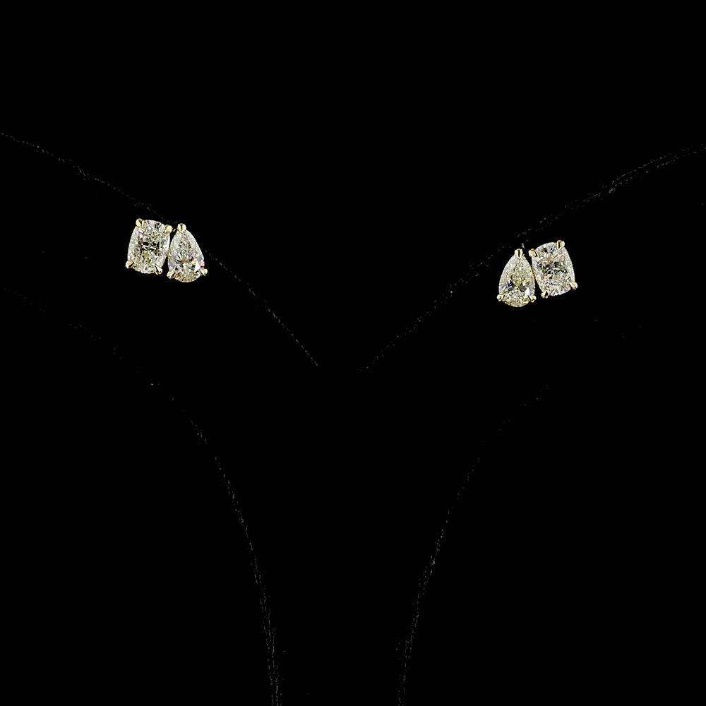 14K Yellow Gold Toi et Moi Earrings with Cushion Brilliant and Pear Shape Lab Diamonds - 2.05 Carat Total Diamond Weight - Covaloro Fine Jewelry