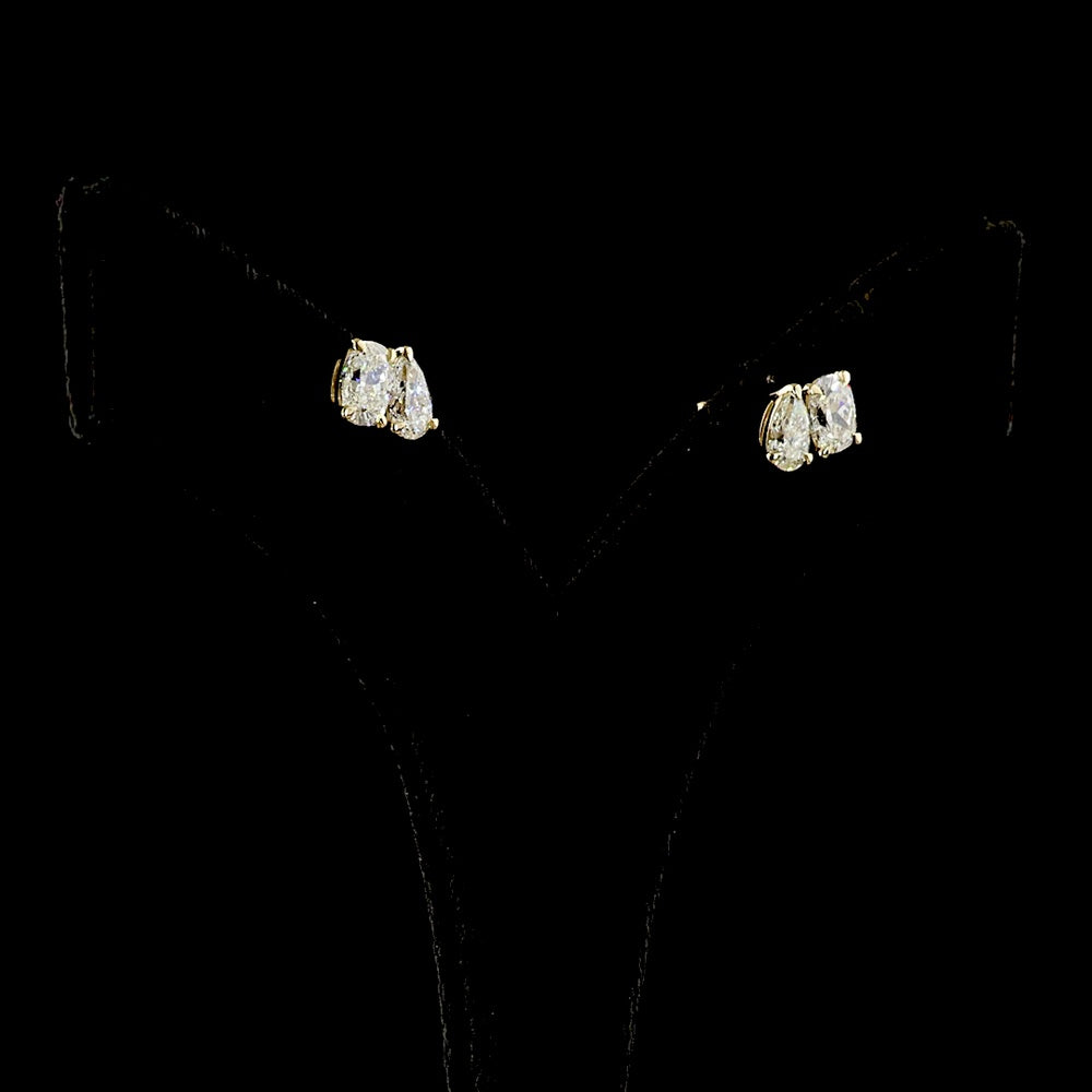 14K Yellow Gold Toi et Moi Earrings with Cushion Brilliant and Pear Shape Lab Diamonds - 2.05 Carat Total Diamond Weight - Covaloro Fine Jewelry