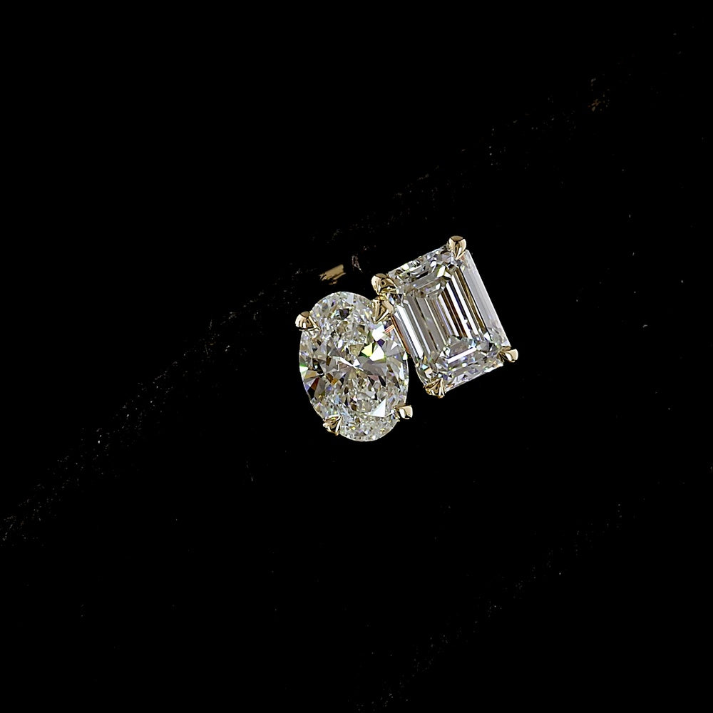 14K Yellow Gold Toi et Moi Earrings with Emerald and Oval Cut Lab Diamonds - 1.89 Carat Total Weight - Covaloro Fine Jewelry