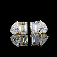 14K Yellow Gold Toi et Moi Earrings with Emerald Cut and Pear Shape Lab Diamonds - 3.36 Carats Total Diamond Weight - Covaloro Fine Jewelry