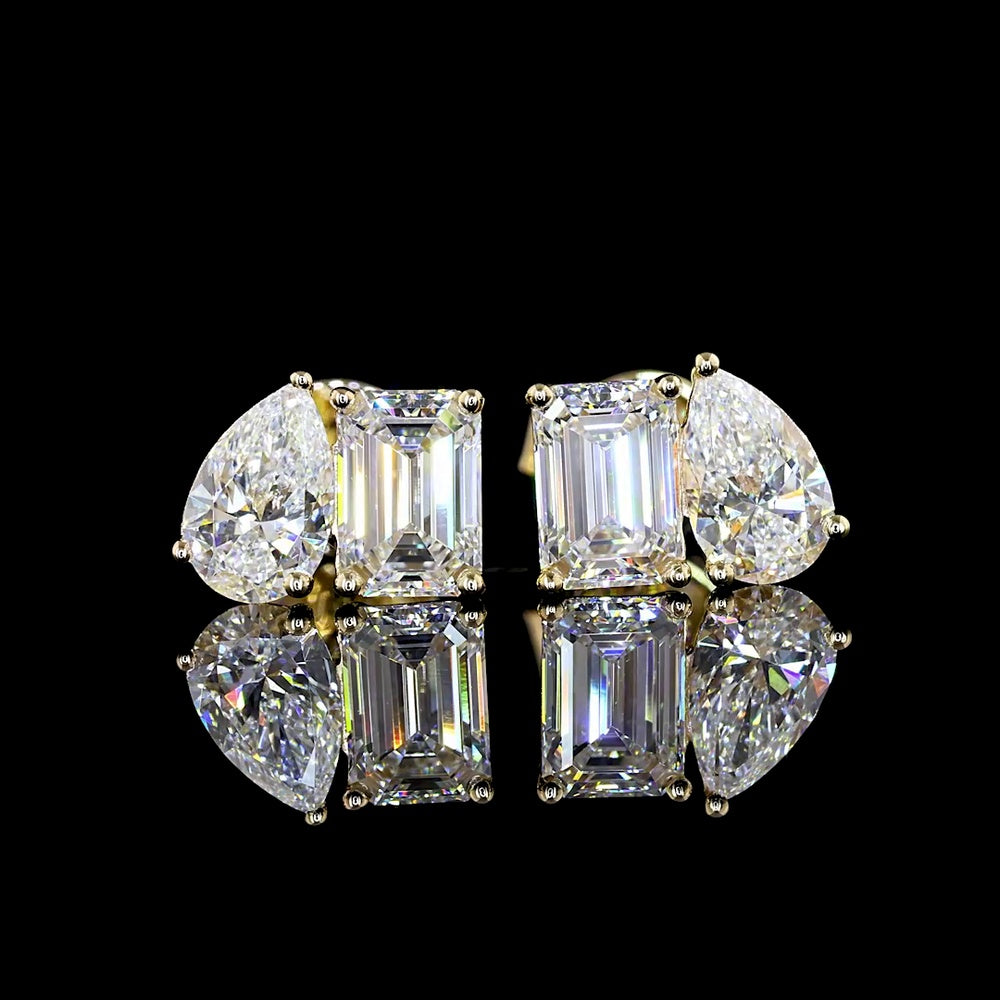 14K Yellow Gold Toi et Moi Earrings with Emerald Cut and Pear Shape Lab Diamonds - 3.36 Carats Total Diamond Weight - Covaloro Fine Jewelry