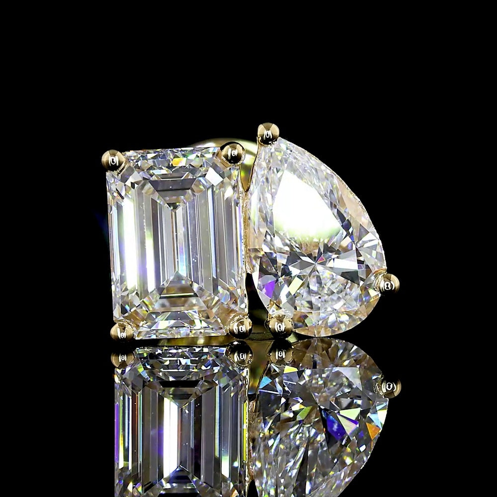 14K Yellow Gold Toi et Moi Earrings with Emerald Cut and Pear Shape Lab Diamonds - 3.36 Carats Total Diamond Weight - Covaloro Fine Jewelry