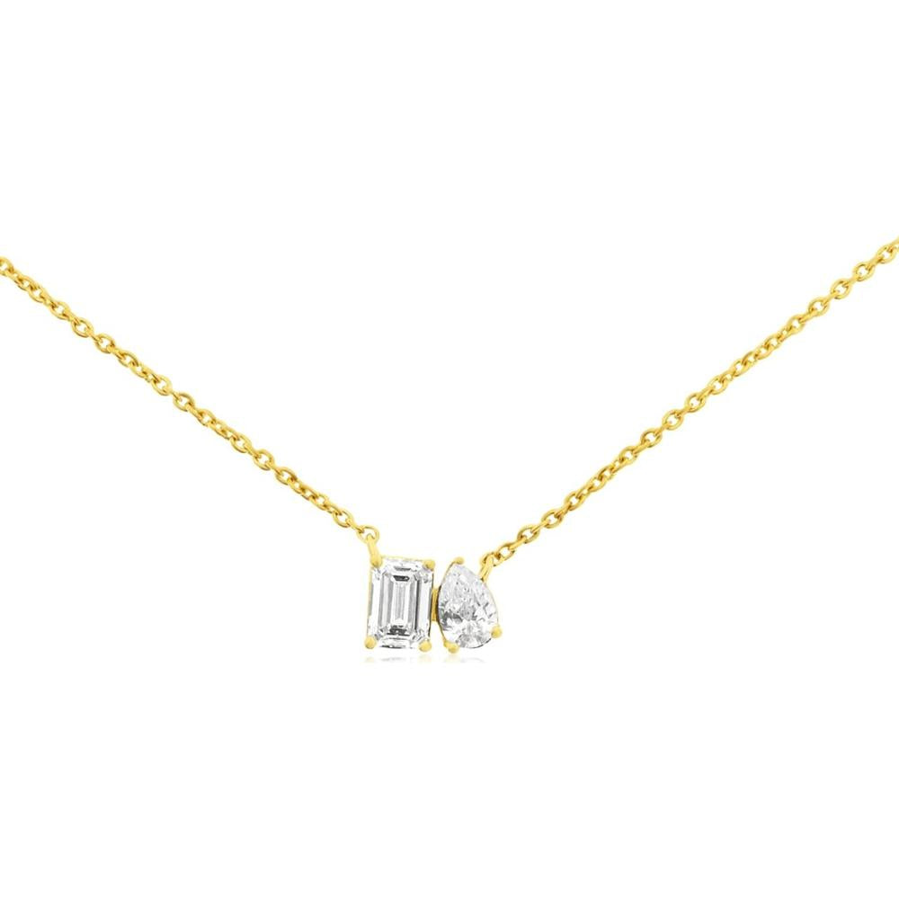 14K Yellow Gold Toi et Moi Necklace with Emerald Cut and Pear Cut Diamonds - 0.80 Carat Total Diamond Weight - Royal Jewelry