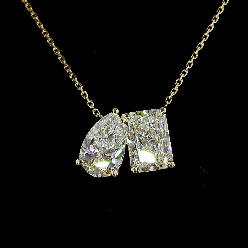 14K Yellow Gold Toi et Moi Pendant with 2.01 Carat Radiant Cut Lab Diamond and 1.51 Carat Pear Shaped Lab Diamond - 3.52 Carat Total Weight - Covaloro Fine Jewelry