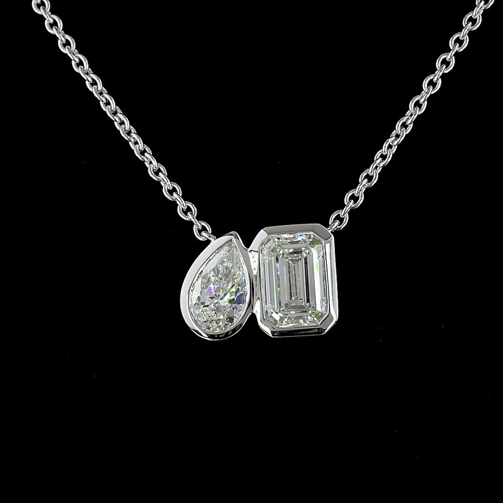14K Yellow Gold Toi et Moi Pendant with 2.01 Carats Emerald Cut and 0.89 Carats Pear Shape Lab Diamonds - 2.90 Carats Total Diamond Weight - Covaloro Fine Jewelry