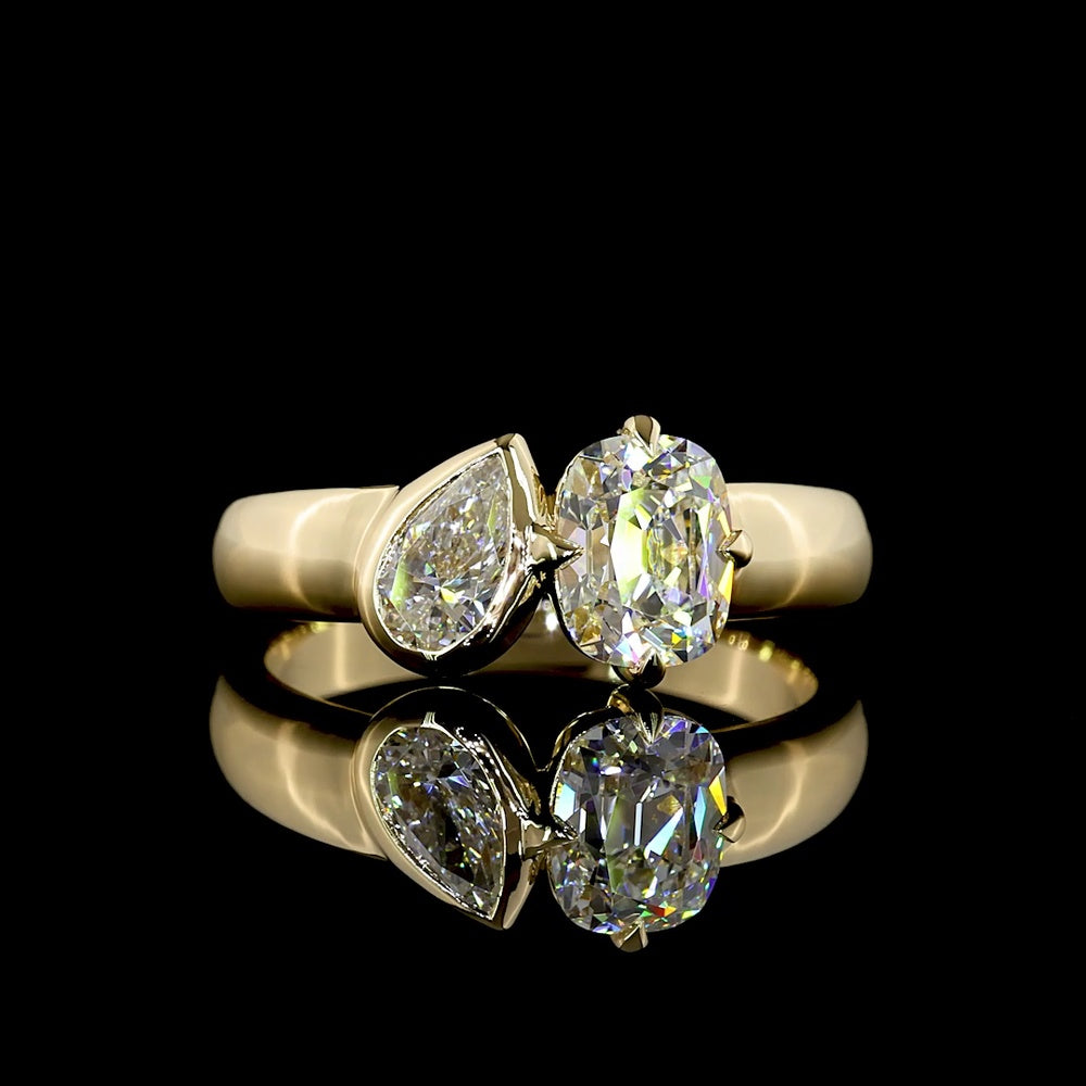 14K Yellow Gold Toi et Moi Ring with 0.52 Carat Pear Shape and 1.04 Carat Antique Cushion Cut Lab Diamonds - 1.56 Carat Total Diamond Weight - Covaloro Fine Jewelry