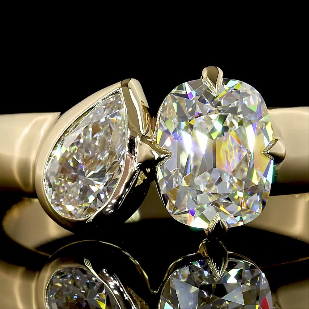 14K Yellow Gold Toi et Moi Ring with 0.52 Carat Pear Shape and 1.04 Carat Antique Cushion Cut Lab Diamonds - 1.56 Carat Total Diamond Weight - Covaloro Fine Jewelry