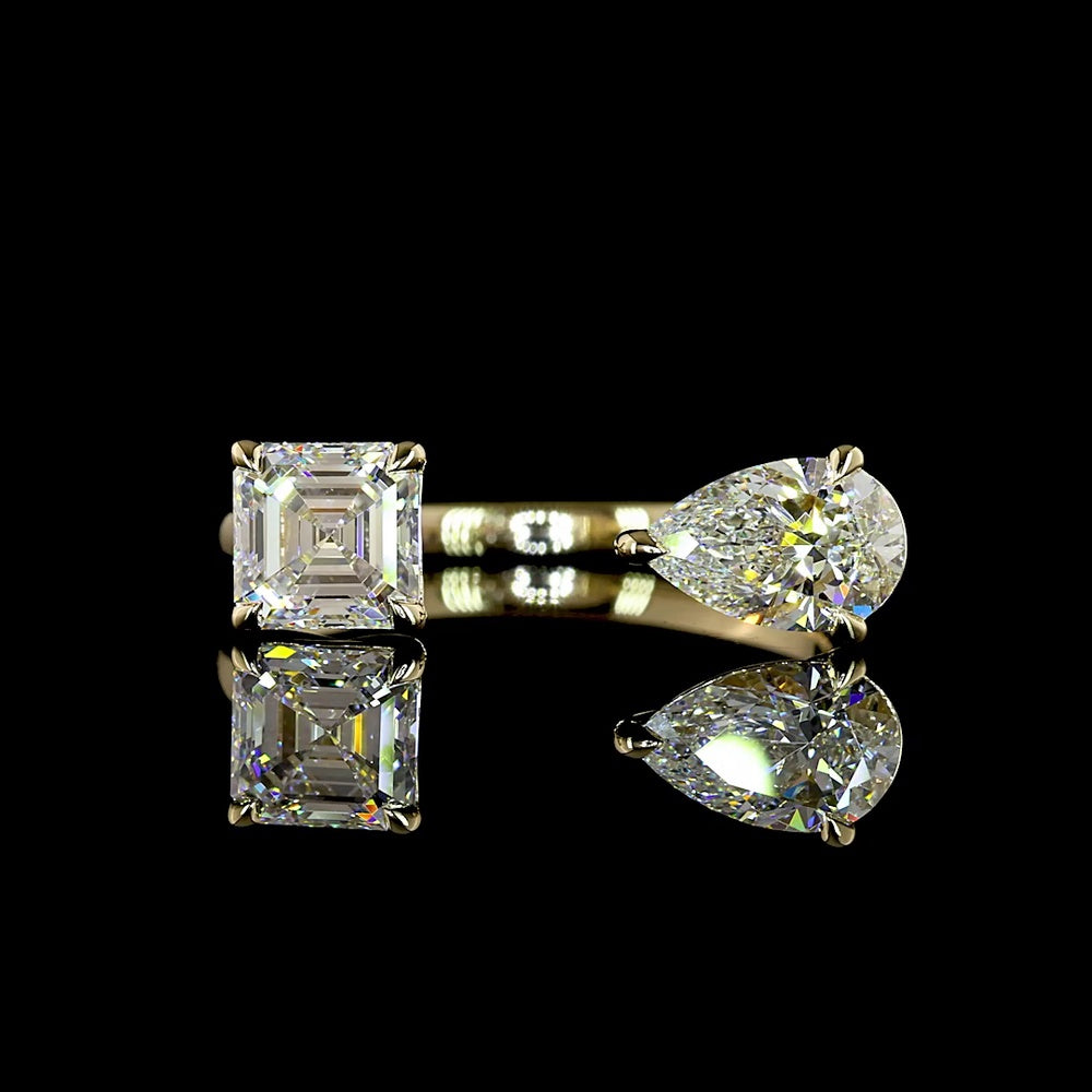 14K Yellow Gold Toi et Moi Ring with 1.01 Carat Asscher Cut and 0.82 Carat Pear Shaped Lab Diamonds - Total 1.83 Carat - Covaloro Fine Jewelry