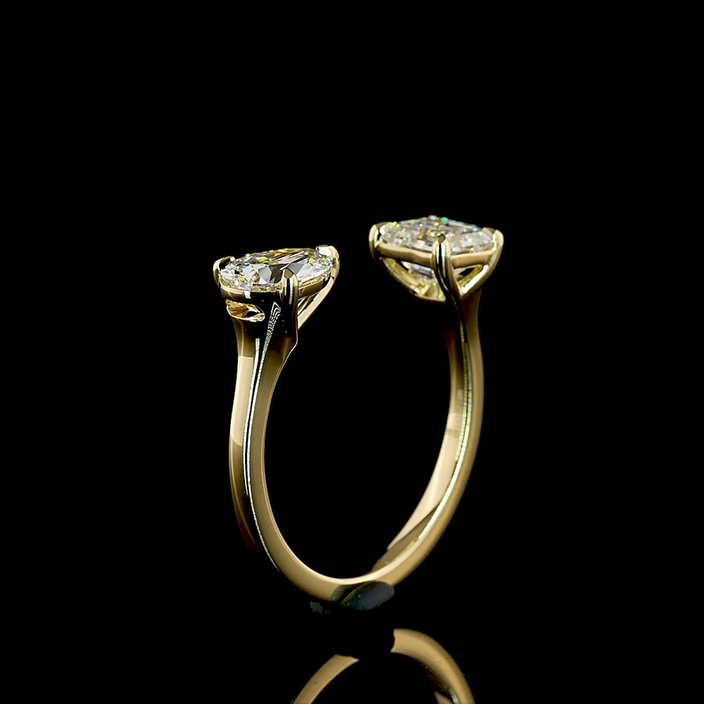 14K Yellow Gold Toi et Moi Ring with 1.01 Carat Asscher Cut and 0.82 Carat Pear Shaped Lab Diamonds - Total 1.83 Carat - Covaloro Fine Jewelry