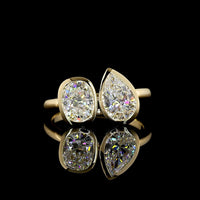14K Yellow Gold Toi et Moi Ring with 2.03 Carats Lab Grown Pear and Cushion Cut Diamonds in Bezel Setting - E VS1 Clarity - Covaloro Fine Jewelry