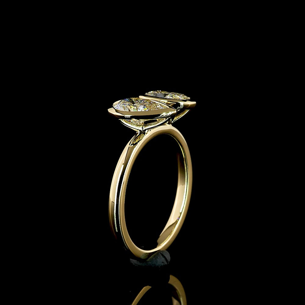 14K Yellow Gold Toi et Moi Ring with 2.03 Carats Lab Grown Pear and Cushion Cut Diamonds in Bezel Setting - E VS1 Clarity - Covaloro Fine Jewelry