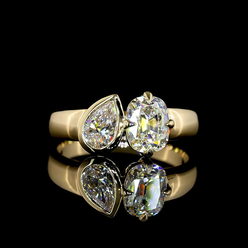 14K Yellow Gold Toi et Moi Ring with Antique Cushion and Pear Shape Lab Diamonds - 1.50 Carats Total Diamond Weight - Covaloro Fine Jewelry