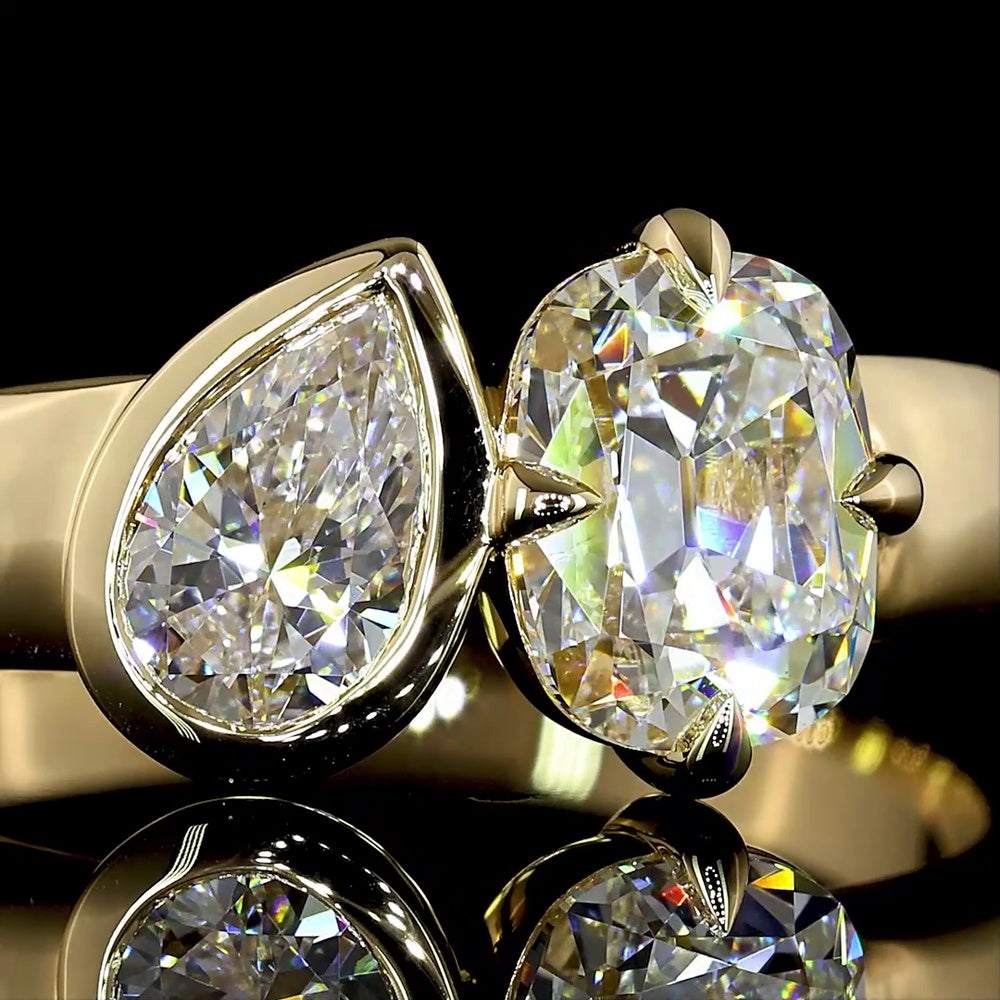 14K Yellow Gold Toi et Moi Ring with Antique Cushion and Pear Shape Lab Diamonds - 1.50 Carats Total Diamond Weight - Covaloro Fine Jewelry