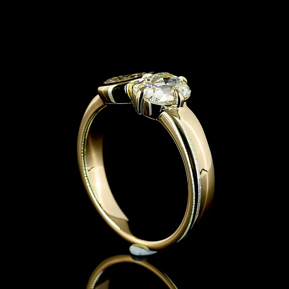 14K Yellow Gold Toi et Moi Ring with Antique Cushion and Pear Shape Lab Diamonds - 1.50 Carats Total Diamond Weight - Covaloro Fine Jewelry