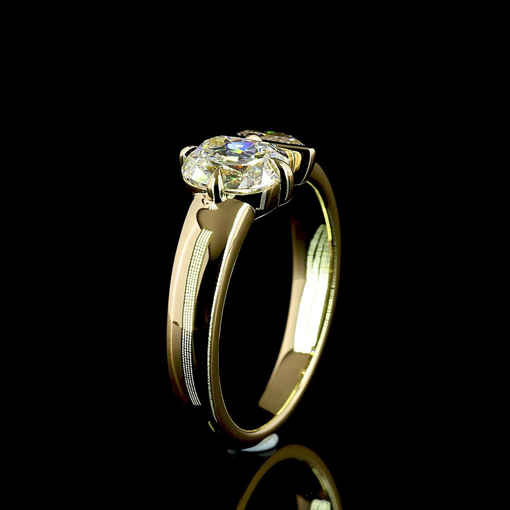 14K Yellow Gold Toi et Moi Ring with Antique Cushion and Pear Shape Lab Diamonds - 1.50 Carats Total Diamond Weight - Covaloro Fine Jewelry