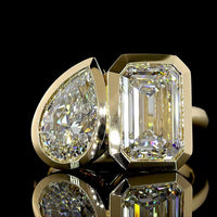 14K Yellow Gold Toi et Moi Ring with Bezel Set 3.12 Carat Emerald Cut and 1.52 Carat Pear Cut Lab Diamonds - 4.64 Total Carat Weight - Covaloro Fine Jewelry