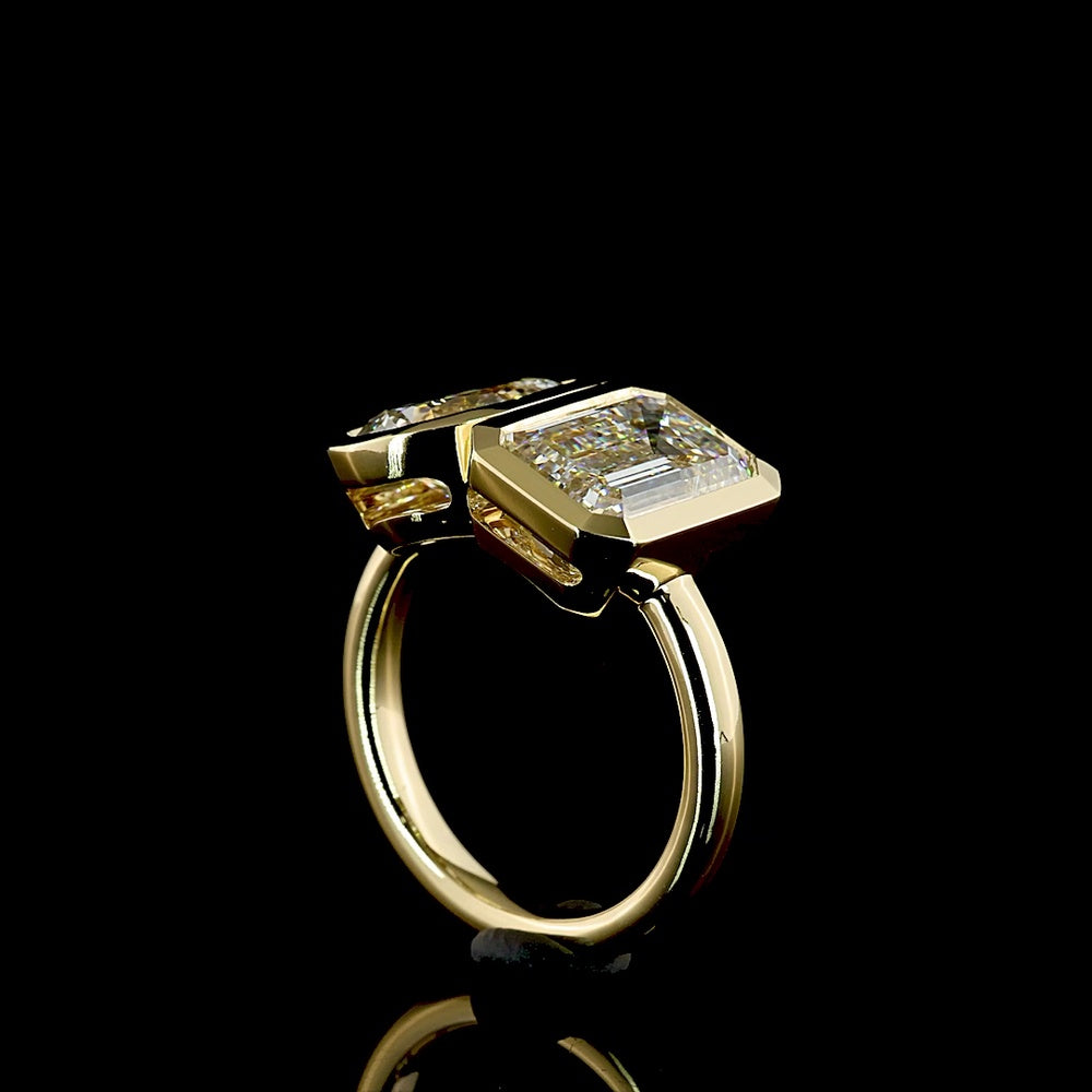 14K Yellow Gold Toi et Moi Ring with Bezel Set 3.12 Carat Emerald Cut and 1.52 Carat Pear Cut Lab Diamonds - 4.64 Total Carat Weight - Covaloro Fine Jewelry