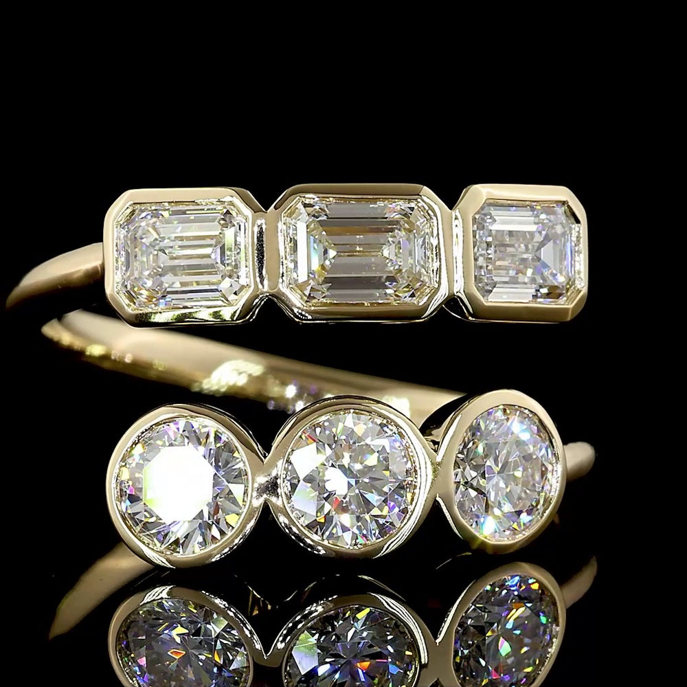 14K Yellow Gold Toi et Moi Ring with Bezel Set Emerald Cut and Brilliant Cut Lab Diamonds - 1.82 Carats Total Diamond Weight - Covaloro Fine Jewelry