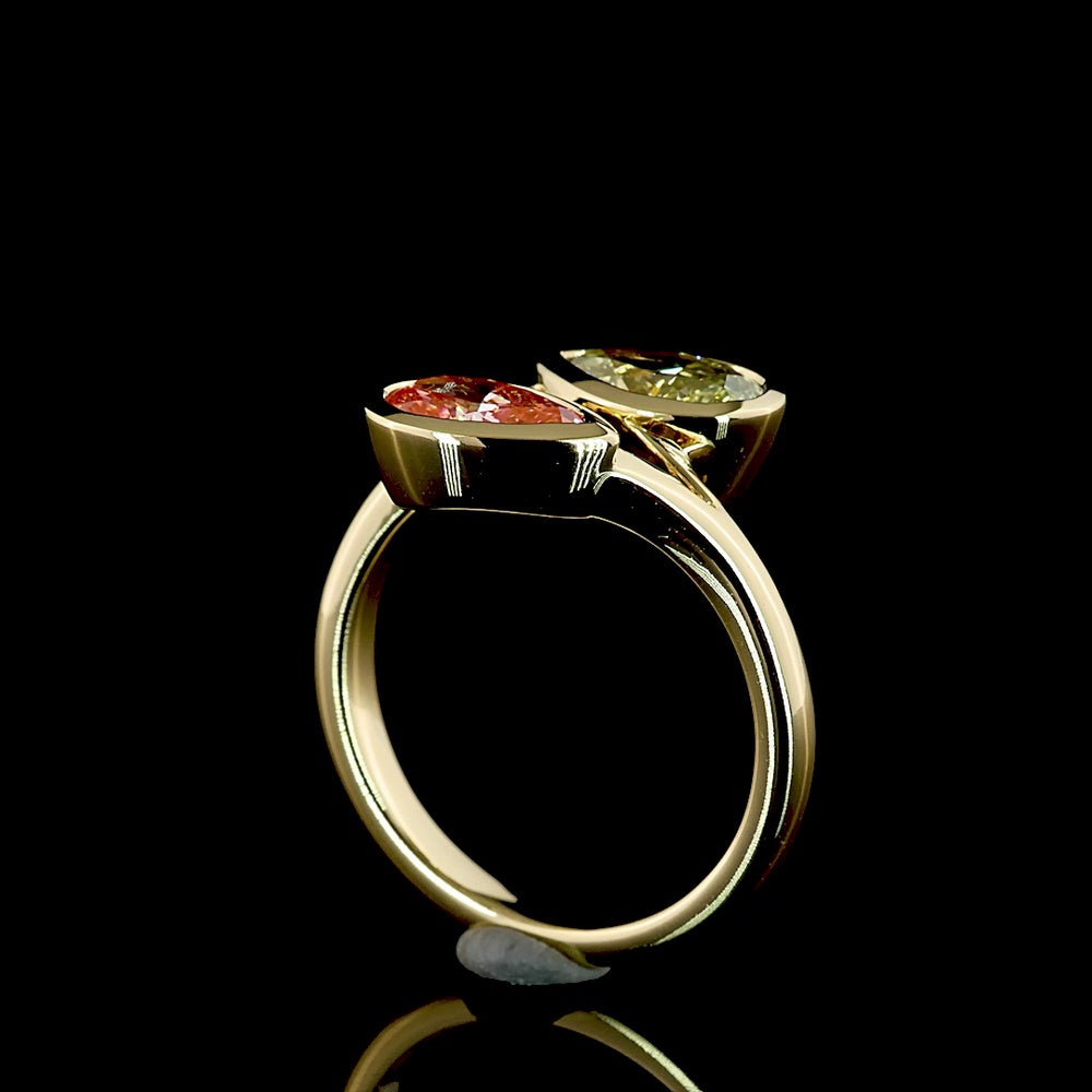 14K Yellow Gold Toi et Moi Ring with Bezel Set Pear Shape Fancy Vivid Yellow Lab Diamonds - 2.37 Carat Total Weight - Covaloro Fine Jewelry