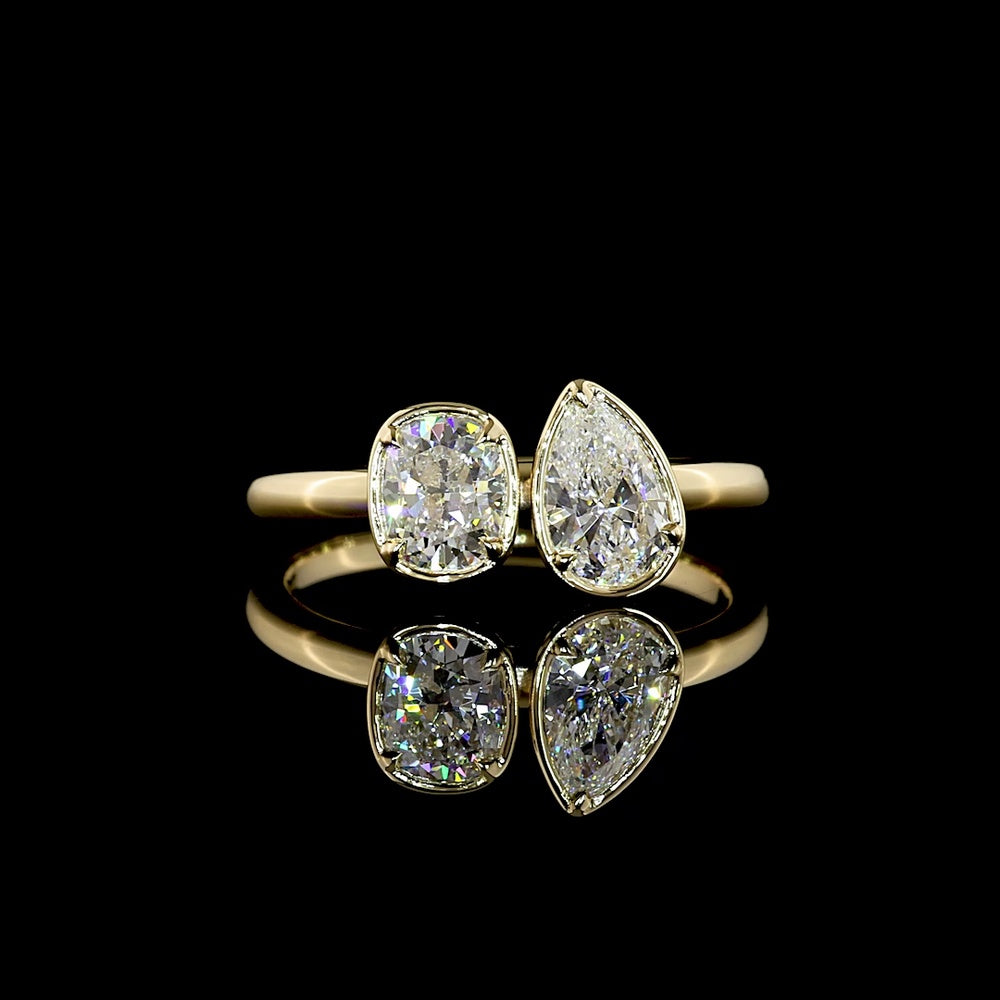 14K Yellow Gold Toi et Moi Ring with Cushion Brilliant and Pear Shape Lab Diamonds - 0.99 Carats Total Diamond Weight - Covaloro Fine Jewelry