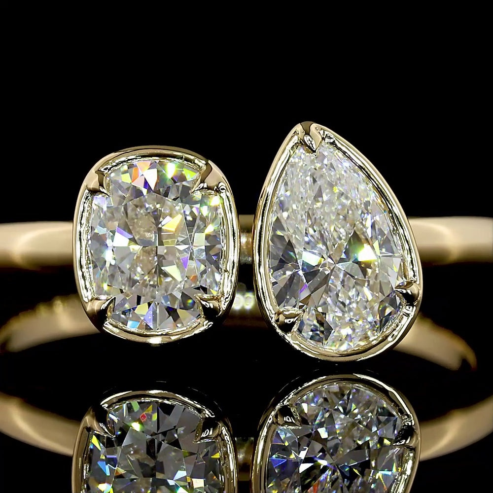 14K Yellow Gold Toi et Moi Ring with Cushion Brilliant and Pear Shape Lab Diamonds - 0.99 Carats Total Diamond Weight - Covaloro Fine Jewelry