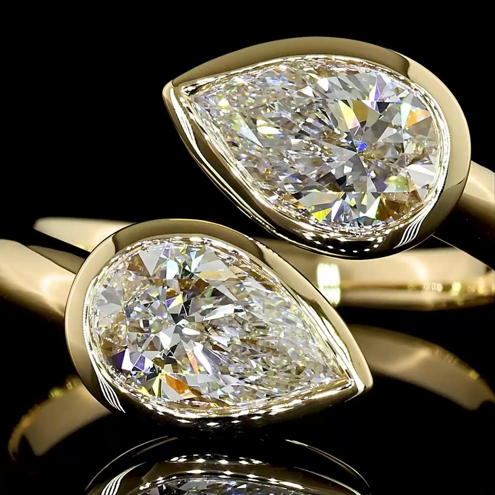 14K Yellow Gold Toi et Moi Ring with East-West Bezel Set Pear Shape Lab Diamonds - 2.00 Total Carat Weight, D VVS2 Clarity - Covaloro Fine Jewelry