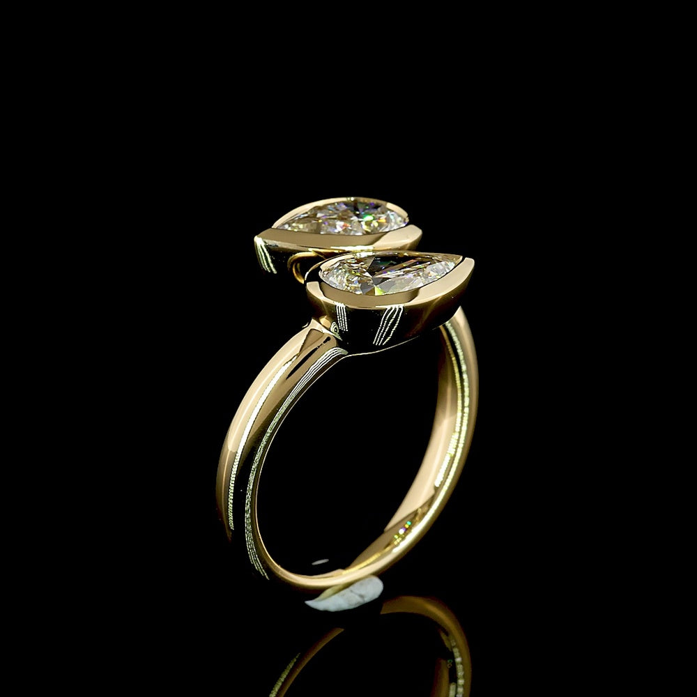 14K Yellow Gold Toi et Moi Ring with East-West Pear Shaped Lab Diamonds - 1.98 Carat Total Weight (1.00 Carats F VS1 & 0.98 Carats E VVS2) - Covaloro Fine Jewelry