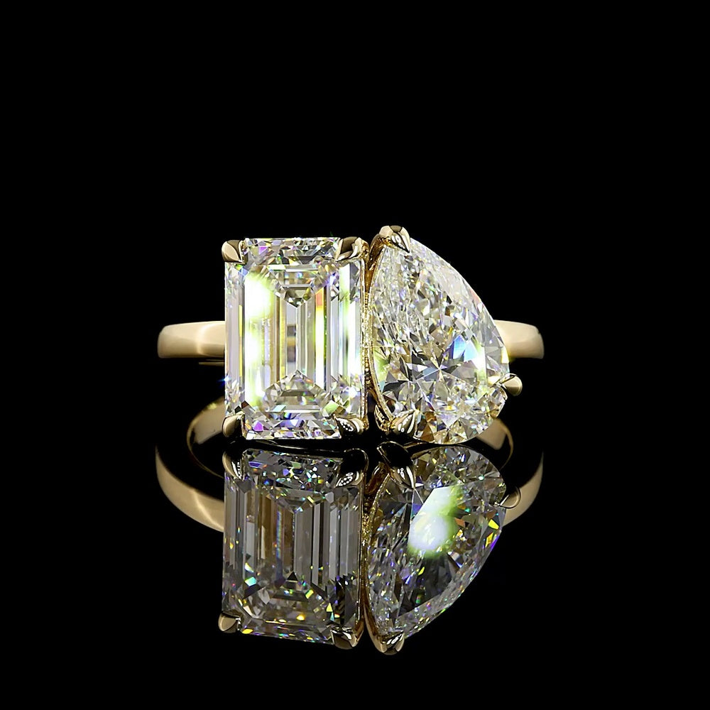 14K Yellow Gold Toi et Moi Ring with Emerald Cut and Pear Shape Lab Diamonds - 3.04 Carat Emerald Cut & 2.00 Carat Pear Shape, 5.04 Carat Total Diamond Weight - Covaloro Fine Jewelry