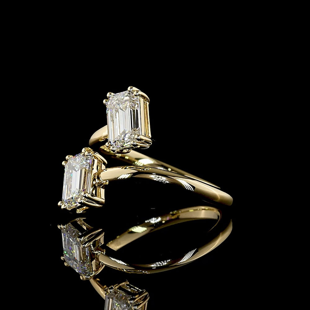 14K Yellow Gold Toi et Moi Ring with Inclined Emerald Cut Lab Diamonds - 2.09 Carat Total Diamond Weight (One 1.02 Carats F VVS2 and One 1.07 Carats E VS1) - Covaloro Fine Jewelry