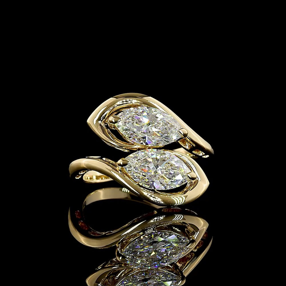 14K Yellow Gold Toi et Moi Ring with Inclined Marquise Cut Lab Diamonds - 1.03 Carats F VVS2 and 1.01 Carats D VS2 - 2.04 Carats Total Diamond Weight - Covaloro Fine Jewelry