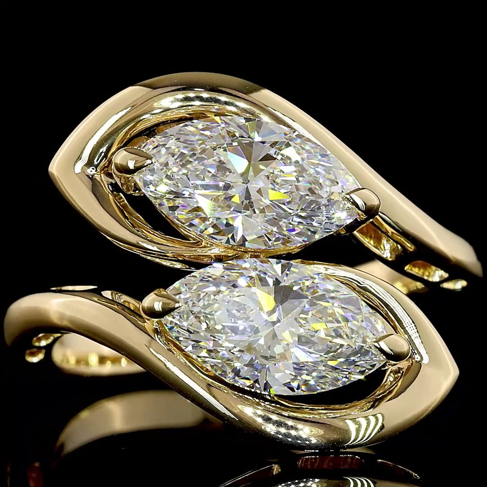14K Yellow Gold Toi et Moi Ring with Inclined Marquise Cut Lab Diamonds - 1.03 Carats F VVS2 and 1.01 Carats D VS2 - 2.04 Carats Total Diamond Weight - Covaloro Fine Jewelry