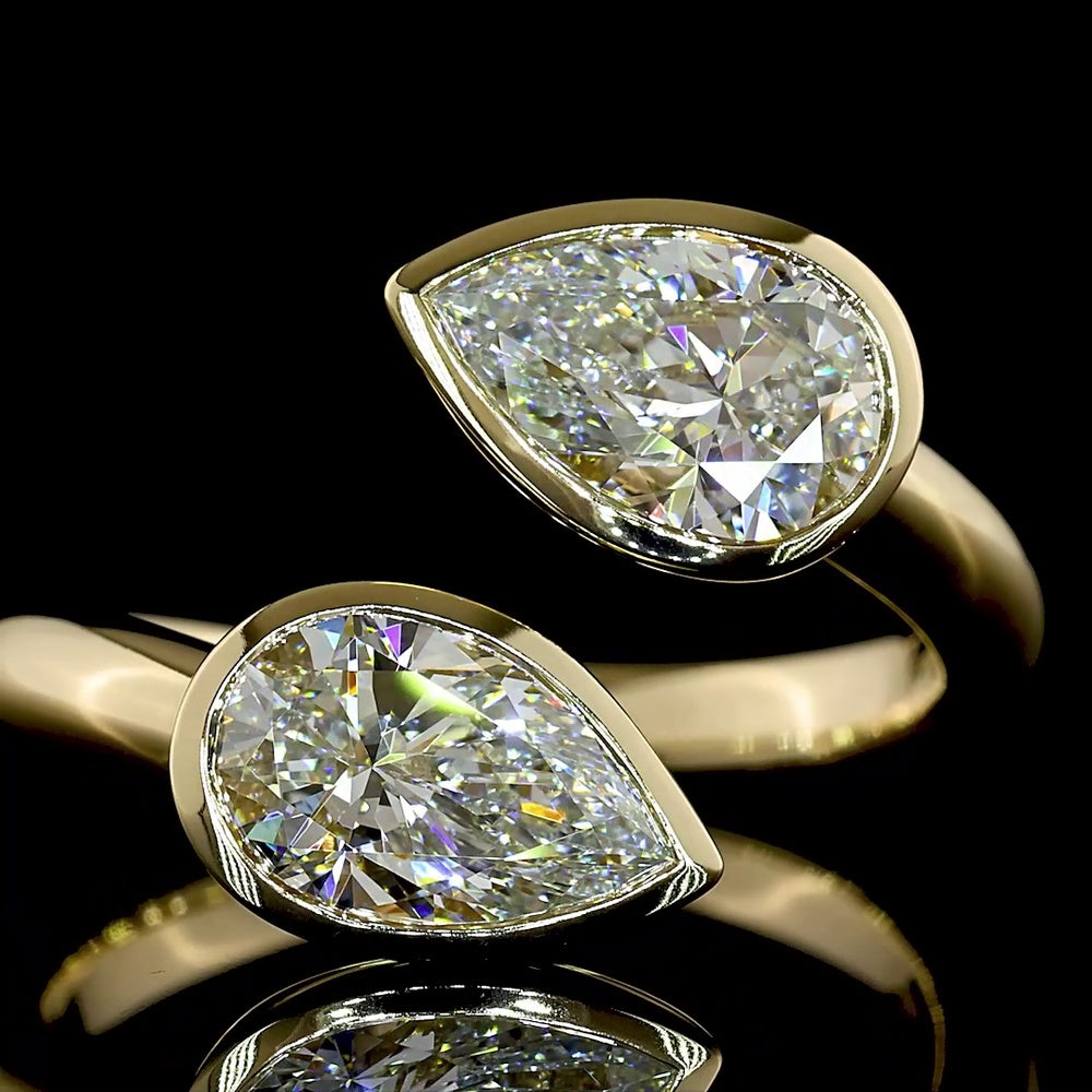 14K Yellow Gold Toi et Moi Ring with Two Pear Shape Lab-Grown Diamonds - 2.04 Carat Total Weight, F Color, VS Clarity, Bezel Set East-West - Covaloro Fine Jewelry