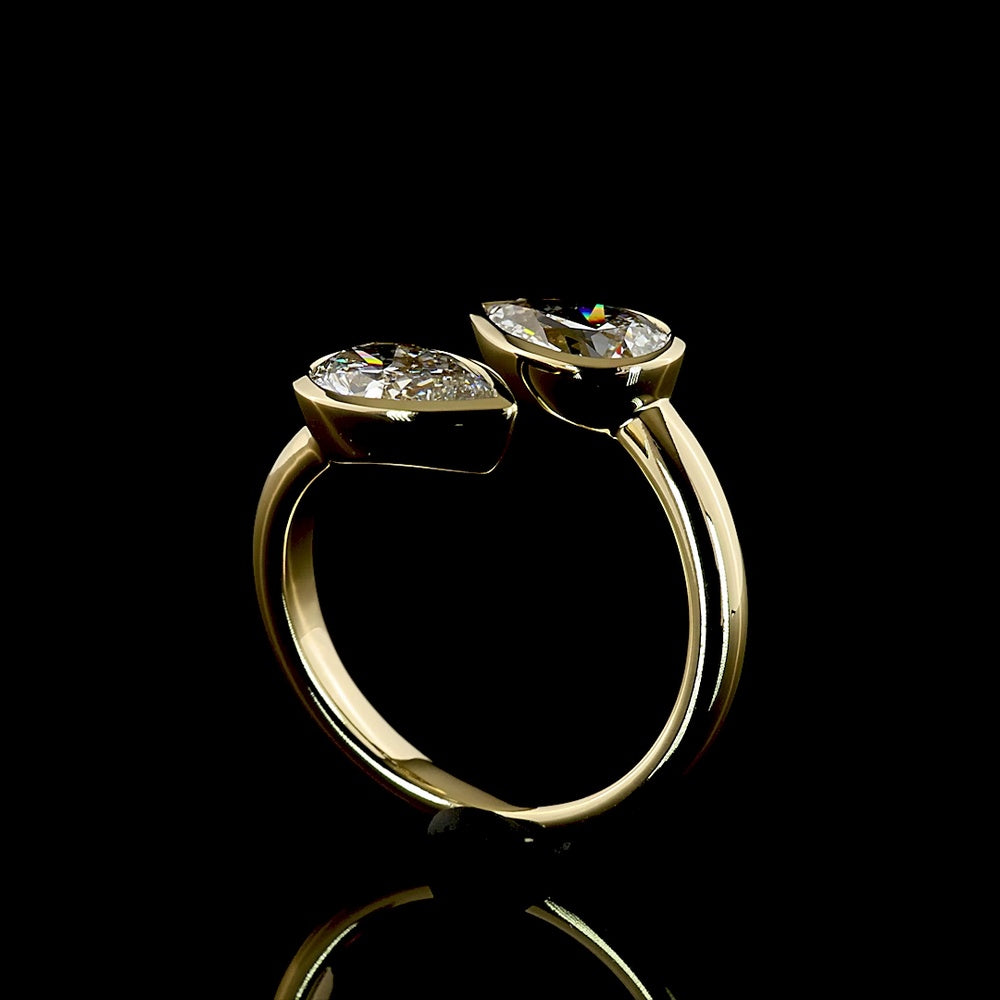 14K Yellow Gold Toi et Moi Ring with Two Pear Shape Lab-Grown Diamonds - 2.04 Carat Total Weight, F Color, VS Clarity, Bezel Set East-West - Covaloro Fine Jewelry