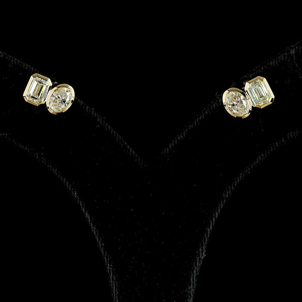 14K Yellow Gold Toi et Moi Stud Earrings with Bezel Set Emerald and Oval Lab Diamonds - 1.95 Carat Total Diamond Weight - Covaloro Fine Jewelry