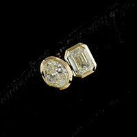 14K Yellow Gold Toi et Moi Stud Earrings with Bezel Set Emerald and Oval Lab Diamonds - 1.95 Carat Total Diamond Weight - Covaloro Fine Jewelry