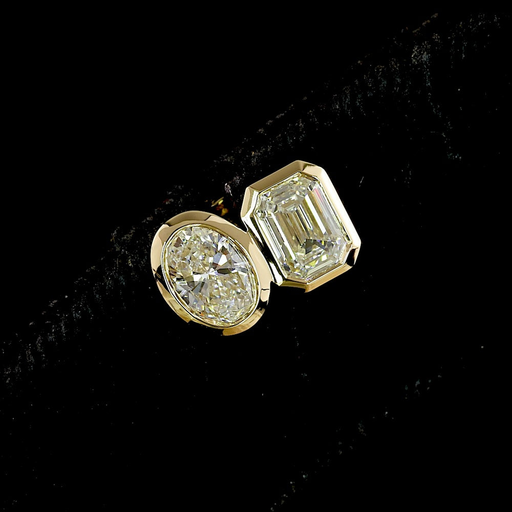 14K Yellow Gold Toi et Moi Stud Earrings with Bezel Set Emerald and Oval Lab Diamonds - 1.95 Carat Total Diamond Weight - Covaloro Fine Jewelry