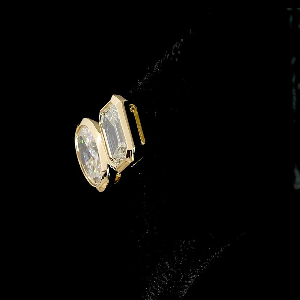 14K Yellow Gold Toi et Moi Stud Earrings with Bezel Set Emerald and Oval Lab Diamonds - 1.95 Carat Total Diamond Weight - Covaloro Fine Jewelry
