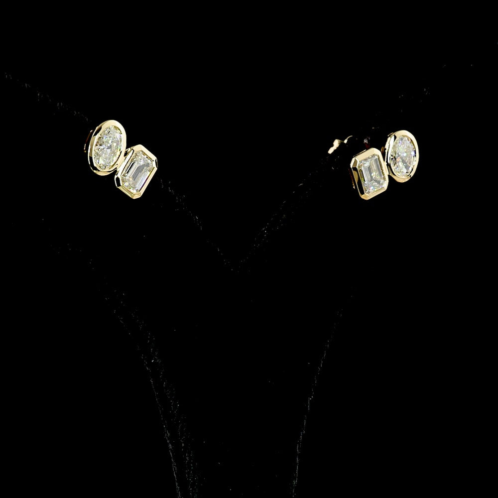 14K Yellow Gold Toi et Moi Stud Earrings with Bezel Set Emerald Cut and Oval Cut Lab Diamonds - 1.92 Carat Total Diamond Weight - Covaloro Fine Jewelry
