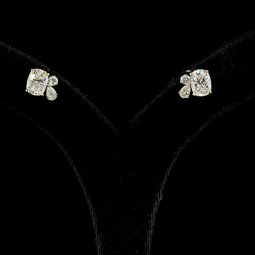 14K Yellow Gold Toi et Moi Stud Earrings with Cushion Brilliant Cut Lab Diamonds and Pear Shape Diamond Accents - 2.97 Carat Total Diamond Weight - Covaloro Fine Jewelry