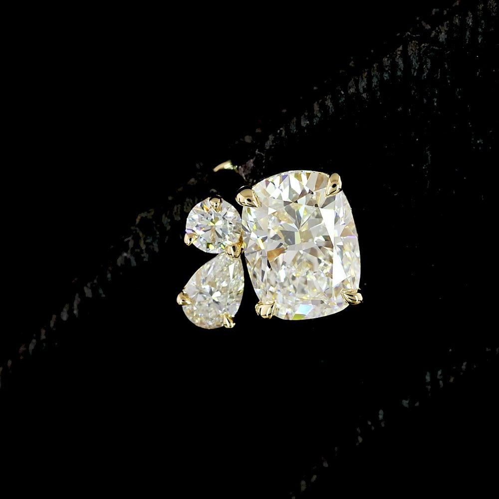 14K Yellow Gold Toi et Moi Stud Earrings with Cushion Brilliant Cut Lab Diamonds and Pear Shape Diamond Accents - 2.97 Carat Total Diamond Weight - Covaloro Fine Jewelry