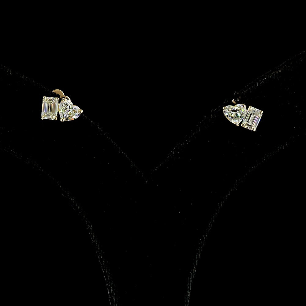 14K Yellow Gold Toi et Moi Stud Earrings with Emerald Cut and Heart Shape Lab Diamonds - 1.56 Carat Total Weight - Covaloro Fine Jewelry