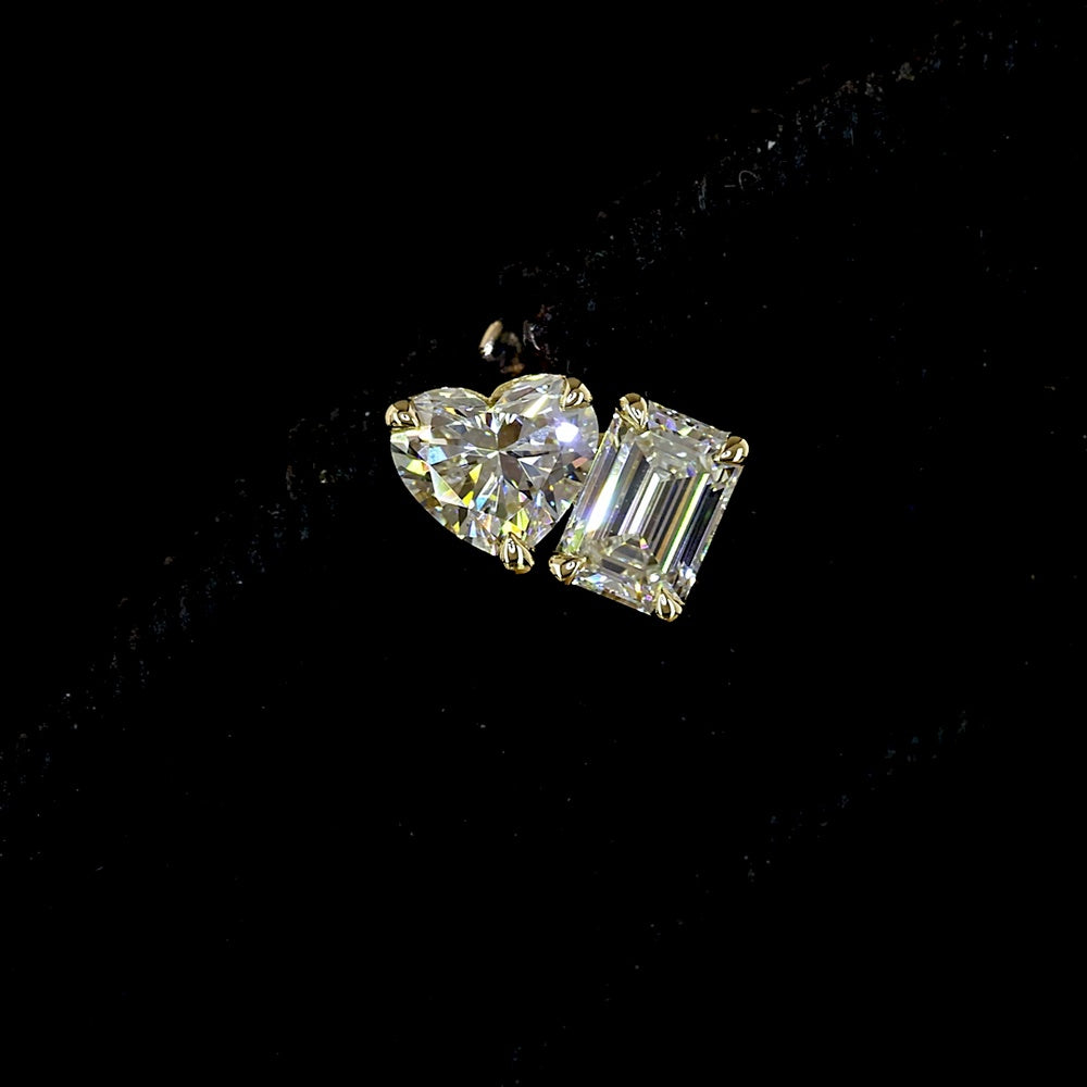 14K Yellow Gold Toi et Moi Stud Earrings with Emerald Cut and Heart Shape Lab Diamonds - 1.56 Carat Total Weight - Covaloro Fine Jewelry