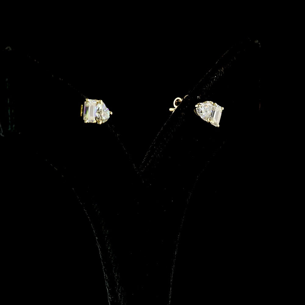 14K Yellow Gold Toi et Moi Stud Earrings with Emerald Cut and Heart Shape Lab Diamonds - 1.56 Carat Total Weight - Covaloro Fine Jewelry