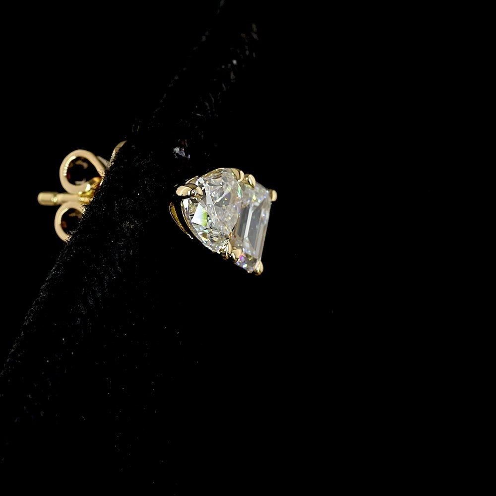 14K Yellow Gold Toi et Moi Stud Earrings with Emerald Cut and Heart Shape Lab Diamonds - 1.56 Carat Total Weight - Covaloro Fine Jewelry