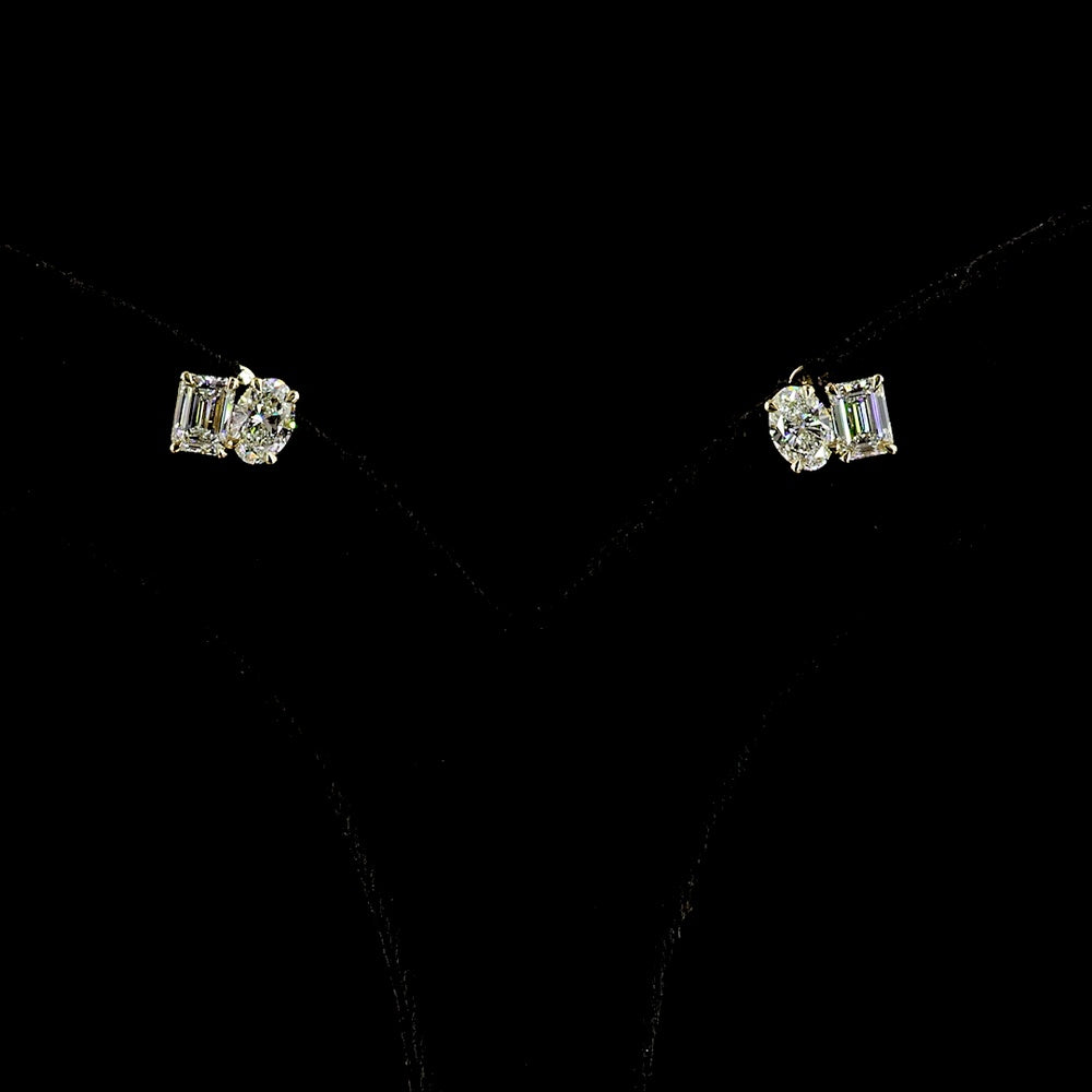 14K Yellow Gold Toi Et Moi Stud Earrings with Inclined Oval and Emerald Cut Lab Diamonds - 1.82 Carats Total Diamond Weight - Covaloro Fine Jewelry