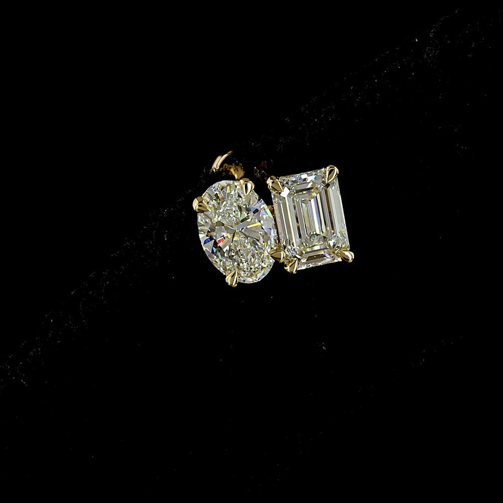 14K Yellow Gold Toi Et Moi Stud Earrings with Inclined Oval and Emerald Cut Lab Diamonds - 1.82 Carats Total Diamond Weight - Covaloro Fine Jewelry